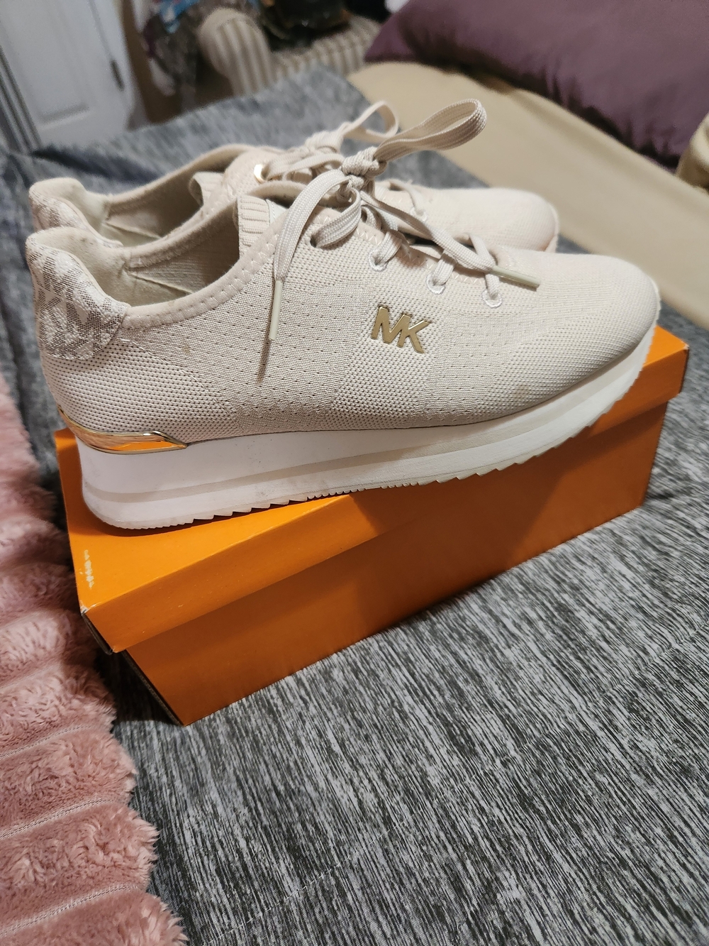 Michael Kors Light Beige Knit Platform Sneakers with Gold Accents